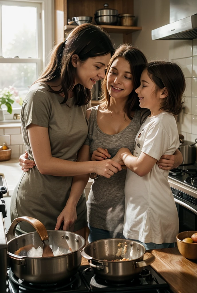 A mother and her children having fun while preparing a cake together in the kitchen.