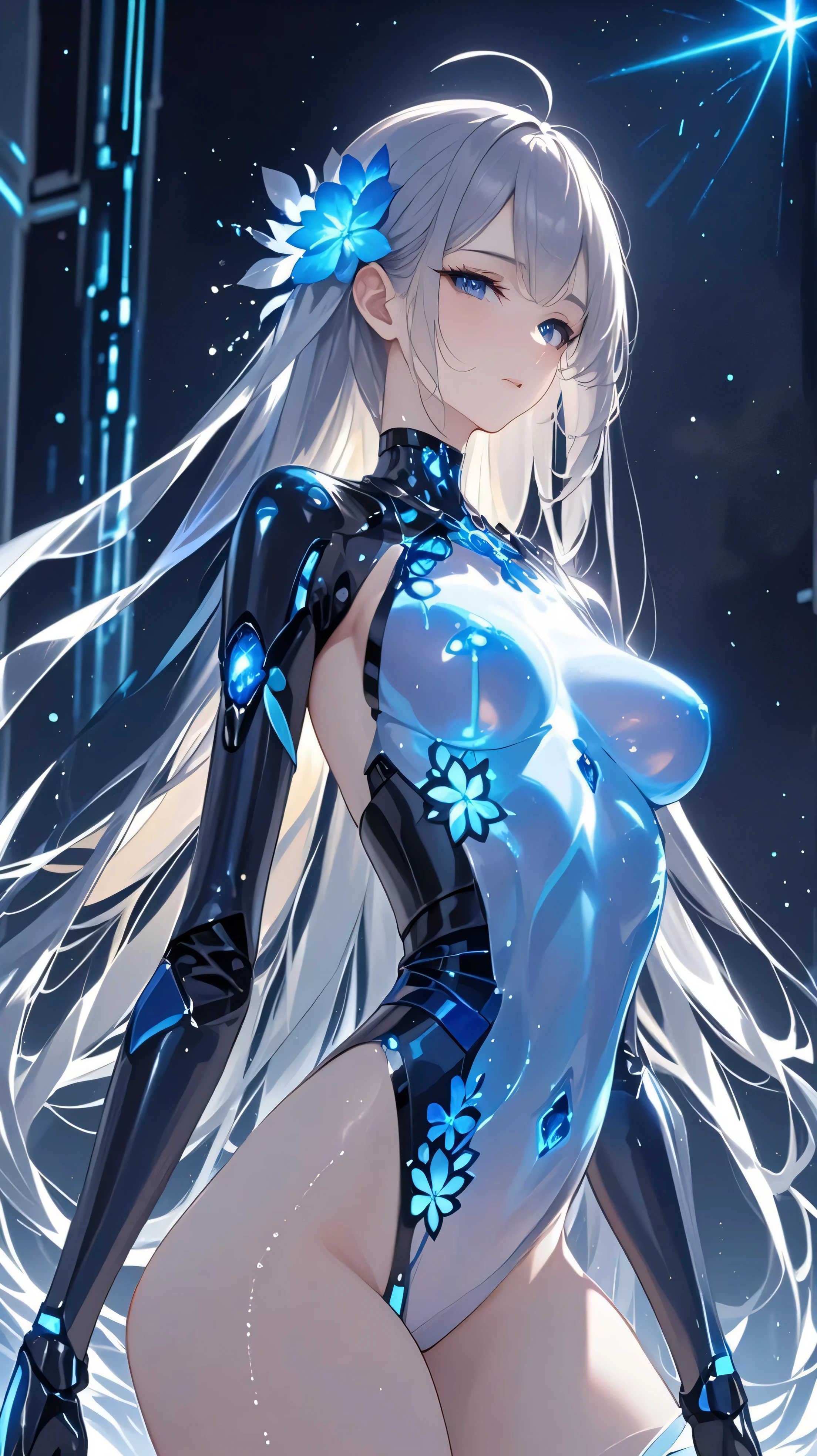 Close up, gorgeous girl, pale white skin, cyborg, ((white skin)), hourglass body, slim body, sexy, , ultra thight neon transparent dress, (dark background), bioluminescens tattoos, Cinematic lighting, intricate, masterpiece, best quality