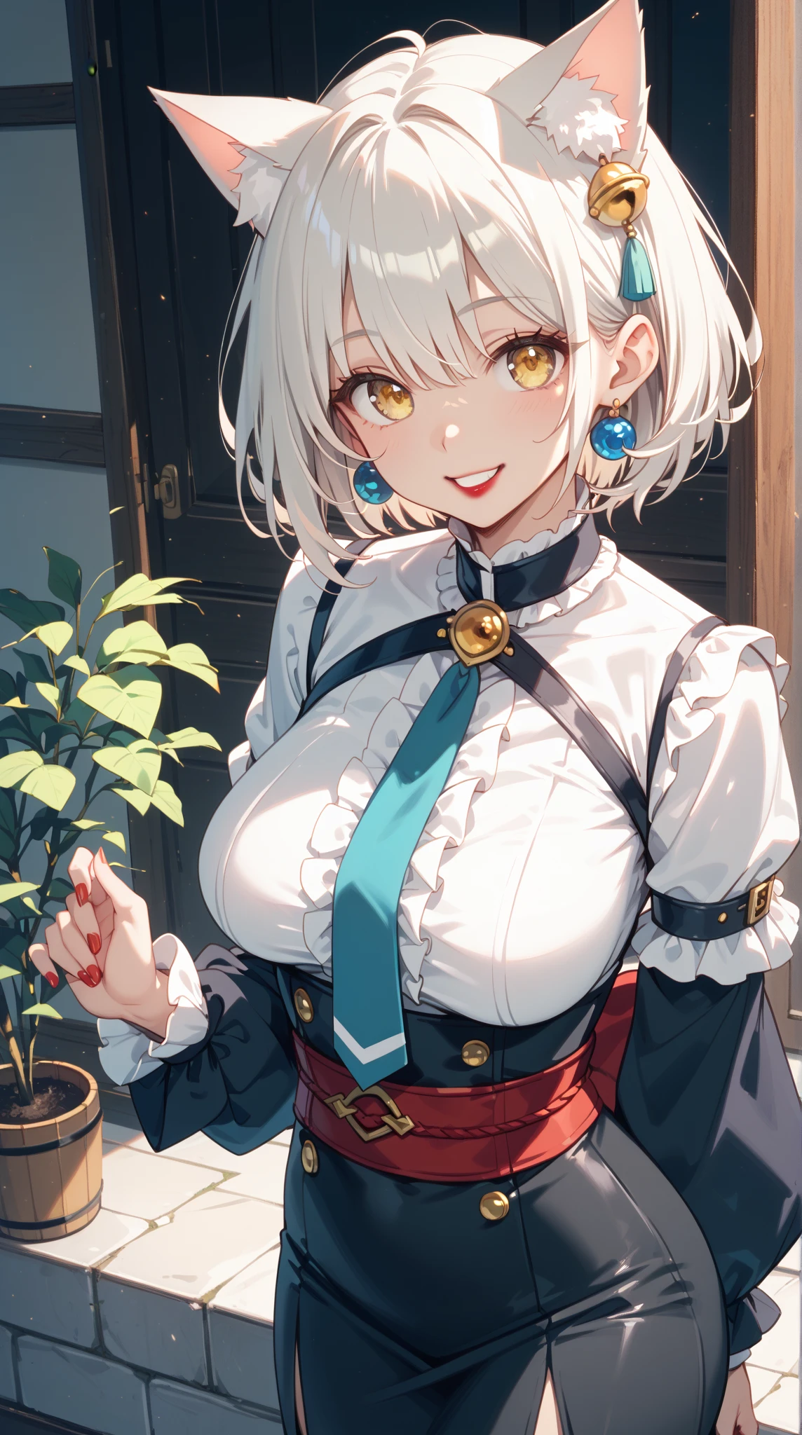 Cute girl, short white hair, black eyes, big smile, waitress, tattoo, black shirt, short black skirt, big breasts, apron