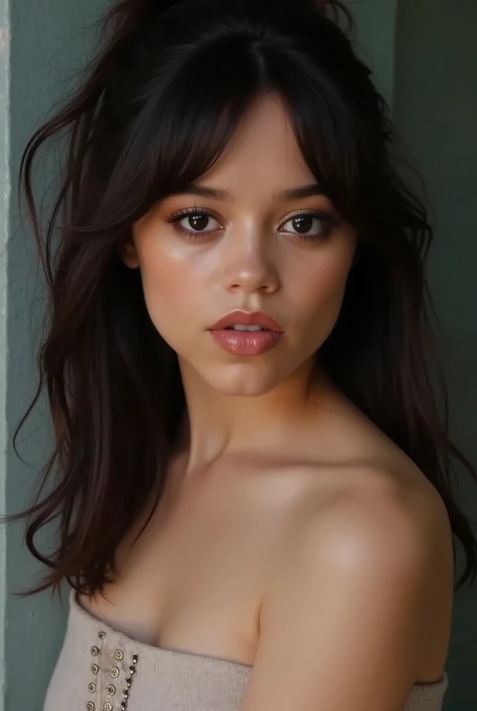 Beautiful brunette mulatto girl with brown eyes, wavy brown hair