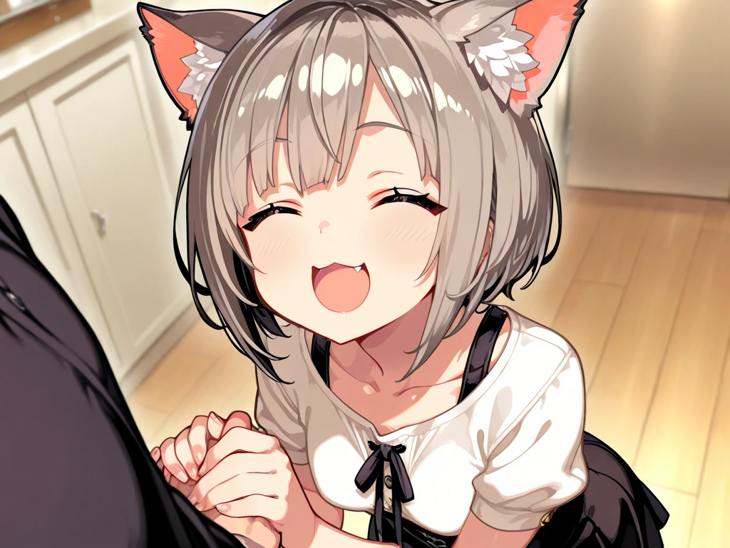 1girl, karyl, animal ear fluff, animal ears, black hair, black ribbon, cat ears, cat girl, cat tail, fang, green eyes, hair bow, long hair, low twintails, multicolored hair, purple bow, ribbon, skin fang, streaked hair, tail, twintails, vertical stripes, white hair, licking penis, pov, cum in mouth