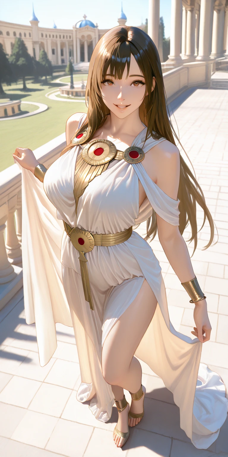 Gorgeous woman, wearing toga , long skirt with a slit, amazingly many freckles, athletic fit shapely body, lovely smile, very long flowing curly red hair, a Goddess princess working on a fancy garden, big beautiful violet eyes, wearing a toga, tanned skin from long days in the sun, masterpiece illustration , visually perfect stunning body including legs hips abs thighs and shoulders and glutes, laurel crown, jewelry, tattoos, goddess, 30 years old mature elegant playful woman, wide necked loose flowing off shoulder top with straps only on arms, windy day, not too skinny, professionally staged photograph, camera very close to subject who enjoys being photographed , playful pose teasing , so many flowers in garden, flowers in hair, jewelry , close-up