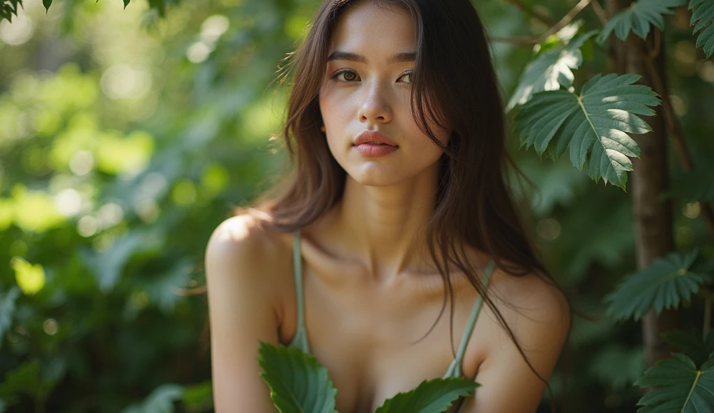 native American woman that looks like Pocahontas, very dark black large eyes, black long thick straight hair, thin face with high cheek bones, thin lips and very strong eyebrows, large forehead. slender in the forest, facing towards the camera with full body view laying in a bed of forest flowers