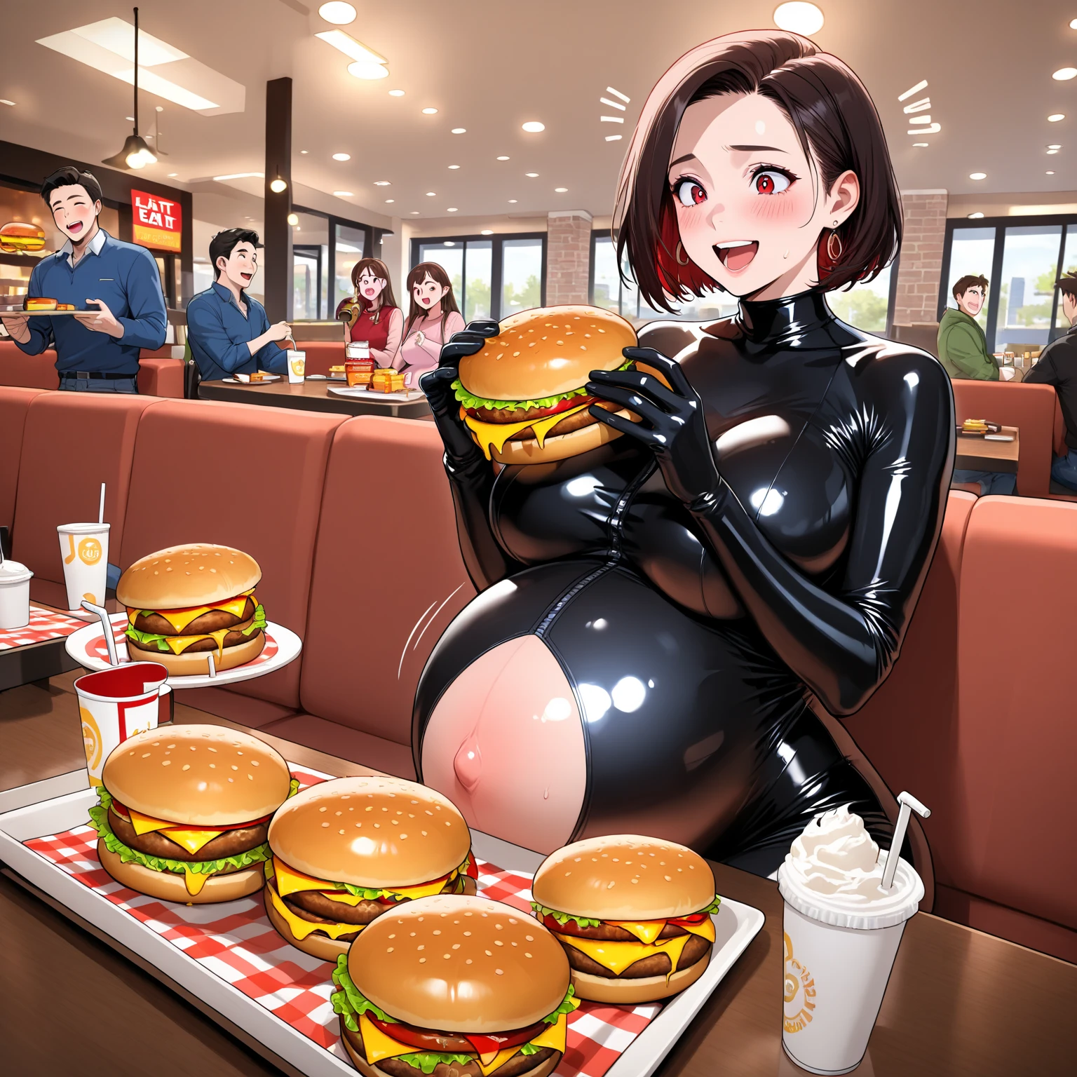 (masutepiece:1.0), (Best Quality:1.4), (A high resolution:1.2), (Photorealistic:1.4), (8K, Raw photo:1.2), (Soft Focus:1.4),There is a girl wearing latex burger shop uniform who is having a hamburger in the burger shop and taking pictures.............................................................,full body lesbian,(she eating a hamburger:1.6), smiling,She is wearing a latex burger shop uniform, She is wearing a latex burger shop uniform,(translucent orange hamburger shop uniform :1.3),Slime skin,transparent, smooth tight burger,( the translucent hamburger shop uniform:1.3), latex epron,translucent skin,Latex, Translucent body,latex shiny,(glossy latex fullgloves:1.2),The perfect burger shop uniform for your skin,bob hair,glossy shiny reflective skin,natural make up,goddess of Japan, Glossy skin,gorgeous japanese model,Tecateca,shiny,Slimy,(Glossy thigh-high boots:1.2),inside the counter of hamburger shop liked Mcdonalds,detailed background,close up