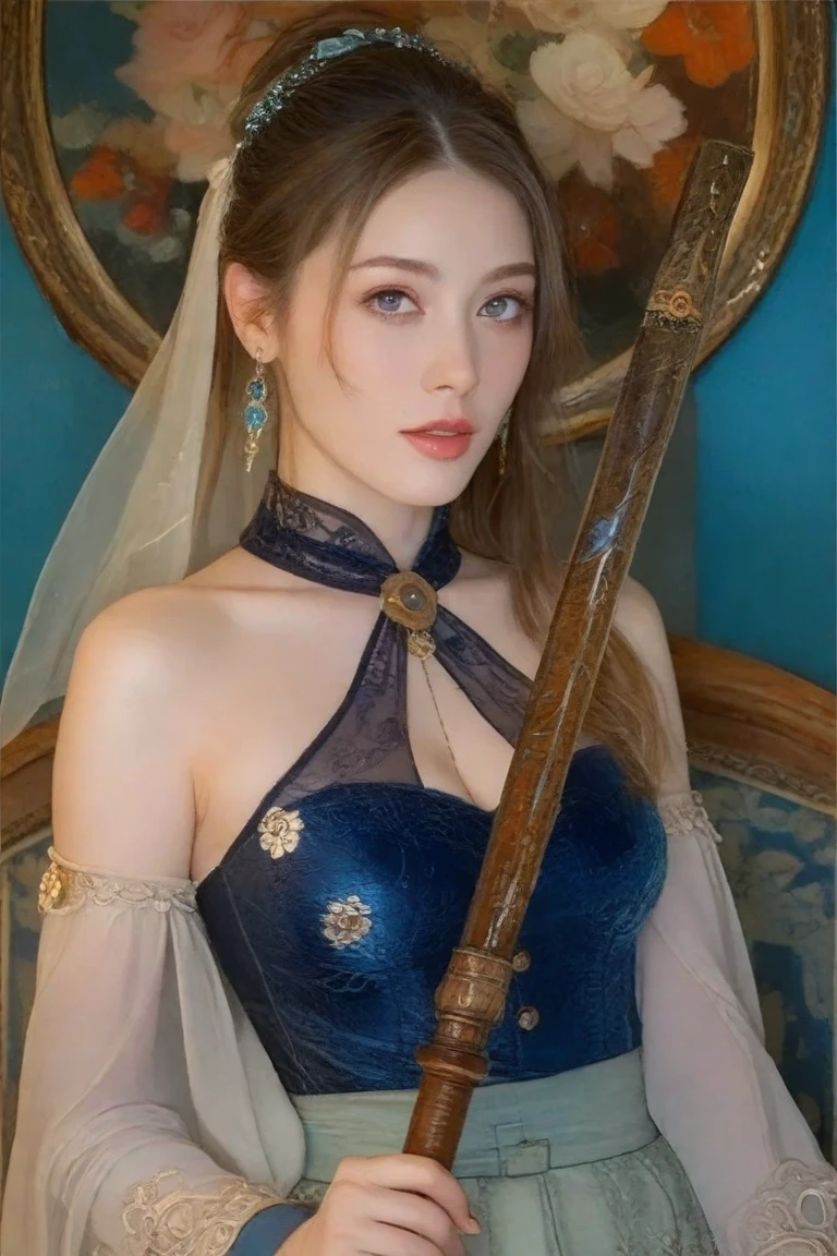 (Master Works、8K分辨率、Perfect depth-of-field panorama)+(Noble lady、Queen of the Goddesses、Arrogant and confident)+(perfect facial features、delicated face、single)+(natural soft light、feather hair ornaments、A bracelet、Sapphire brooch、Pearl Bracelet、耳Nipple Ring、lace-trim、open shoulder)+(Workplace uniforms)、a blond、Bust large、