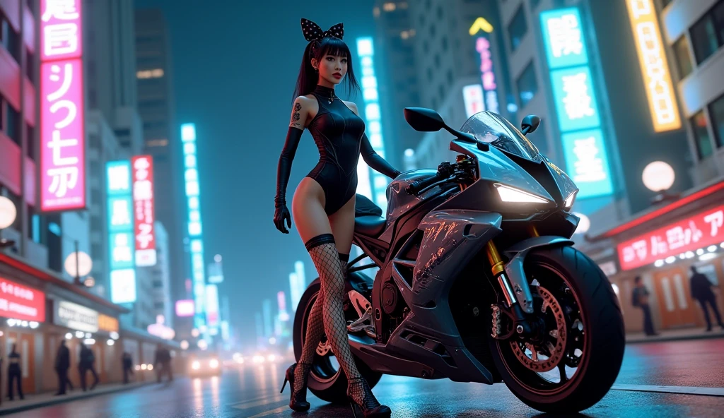 8k, Realistic Skin Texture, Realistic Photo, Neo Tokyo, slim women, large-breast:1.4 cleavage:1.3, AD2050 at night, Dirty hunting jacket, Wearing tube top, miniskirt, (((black sunglasses, automatic rifle, sneakers, cold, shooting pose, very low angle view))), Innovative composition, revenge, cyberpunk, blade runner worldview, Large neon sign, Geisha hologram sign, Strong Wakamoto Sign.