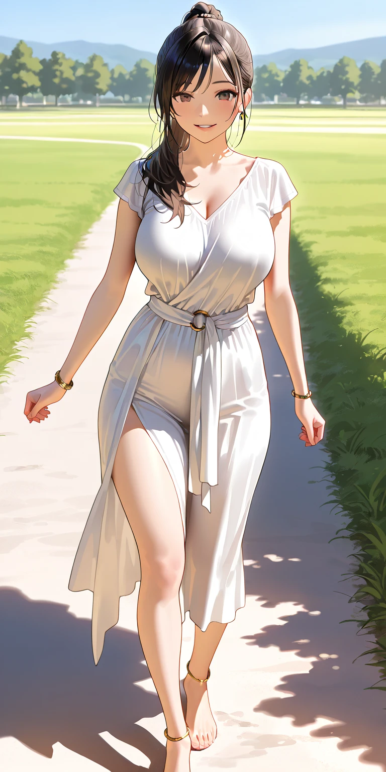 giantess, huge girl, white long dress, full body, perfect body proportions, white pantyhose, white high heels, dirty white sole, small blood stains on the sole No pants, destruction, ruins, (city with small soles for girls), (blue sky background, simple background: 1.5) (crowd with girls with small soles) (huge girl stepping on tiny cities), a girl, pure white long hair, red eyes (cruel smile)