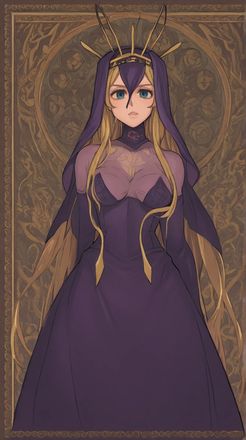 woman, cultist, long blond hair, mouth veil, perfect body, evil smile,  cultist cloak, seductive,cowboy shot, cultist clothes