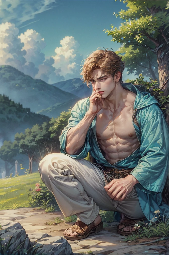 1boy, adult, handsome, perfect face, detailed eyes and face, clean shaved, muscular, capturing a rural atmosphere, dynamic lighting, unreal engine 5, hd picture, satoru gojo, white hair, short hair ,hair between eyes ,blue eyes, white skin, milk pink nipple details, male mermaid