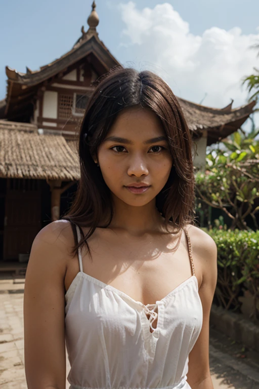 Fotografi.realistis.detail.beautiful Indonesian girl with brown hair,((Bali temple background)), photography, portrait of beautiful_girl wearing Balinese kebaya, red lipstick, detail, flowers, soft focus, sidelighting, subtle detail of beautiful eyes, high resolution.studio .Hd 16K.