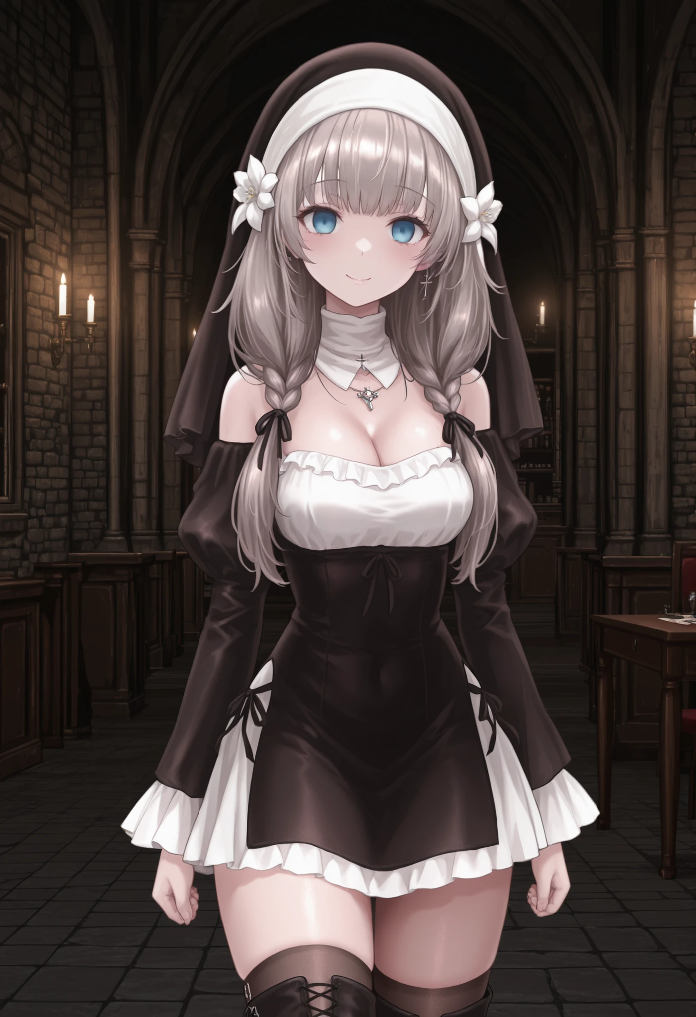 masterpiece, highres, absurdres, amazing quality, best quality, detailed background, 8k, uncensored, anime screencap, anime coloring, metal collar, messy hair, style - sinistar
1girl, solo, shiny skin, upper body, looking at viewer, smile, indoors, empty eyes
black veil, hair flower, detached collar, necklace, detached sleeves, puffy sleeves, black sleeves, bare shoulders, frills, cleavage, black and white dress, black dress, short dress, black thigh boots
haanja, grey hair, low twin braids, blue eyes, medium breasts,