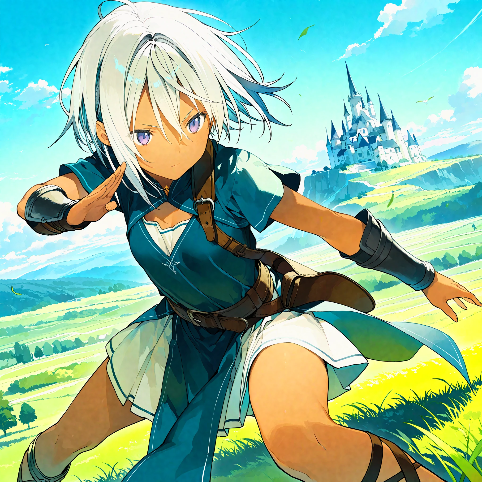 (masterpiece), (best quality), (ultra-detailed),(artist:akinashi_yuu),artist:fujiyama,artist:yuugen,1girl, beautiful detailed eyes, short hair, white hair, dark_skin, stance, outdoors, wind,fantasy,very aesthetic illustration
