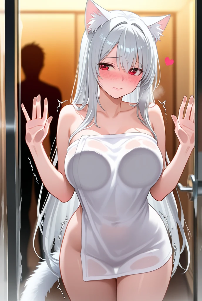 one girl, handcuffed her hands above head, slave,, white hair, princess, naive, young, torn dress, restrained, beauty, white dress, cat ears, aphrodisiac, estrus