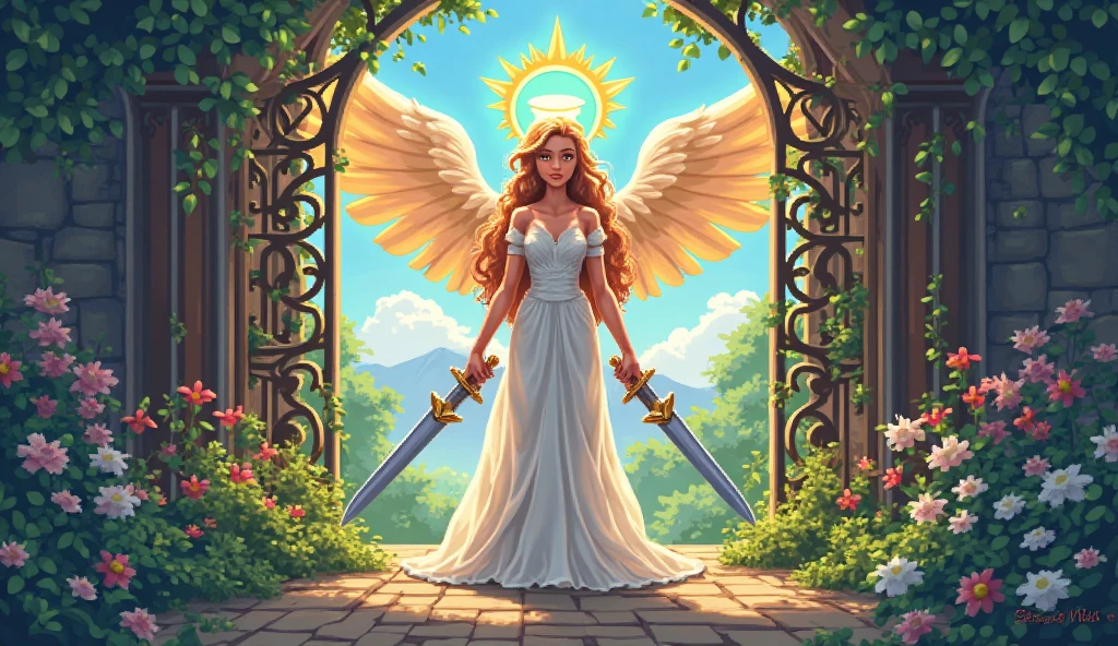 vetorial art style,Stained glass, beautiful vintage pinup woman,Hands at waist level holding one sword.open angel wings,alphonse mucha style,dynamic defensive pose,Intricate flowery background