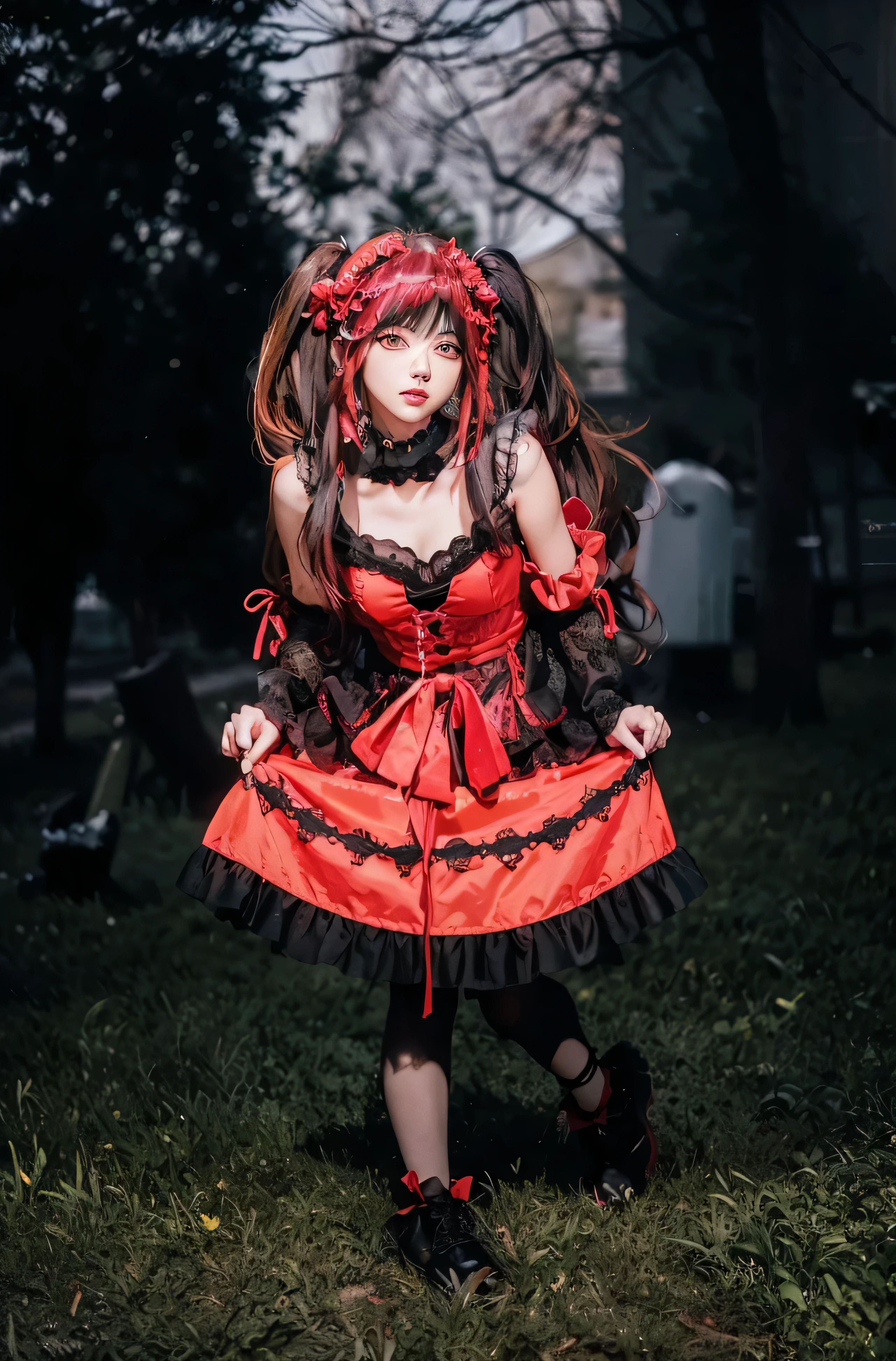 (( TOKISAKI KURUMI_DATE A LIVE)) photorealistic)),(highlight hair)), Light reflection, (( HD )),((upper body)), (((best quality, masterpiece))), (masterpiece) (best quality) (detail) (8k) (HDR) (wallpaper) (cinematic lighting) (sharp focuasterpiece, best quality: 1.1), Real life adaption of this character, realistic outfit, realistic shadow, realistic light, realism, hyper realistic, realistic background,realistic hair,(photorealistic:1.2), (masterpiece: 1.2), (best quality: 1.3), (clear details: 1.3), ((((ultra-detailed)))), ((detailed eyes)), (extremely detailed face:1.4), (highly detailed eyelash:1.6), (Masterpiece, Best quality, best shadow), (detailed background),(masterpiece, best quality:1.2), best resolution,masterpiece,masterpiece, best quality, highres, 4k, 8k, intricate detail, cinematic lighting, amazing quality, amazing shading, soft lighting,
kurumitokisaki,
kurumi tokisaki astral dress, long hair, black hair, red eyes, twintails, yellow eyes, hairband, heterochromia, sidelocks, asymmetrical hair, dress, red dress, bare shoulders, collarbone, choker, bowtie, red bowtie, detached sleeves, corset, frills,
outdoors,
looking at viewer, cowboy shot,TokisakiKurumi, black hair, twintails, heterochromia, red eye, yellow eye, clock eyes
TokisakiKurumi, black hair, low twintails, hair over one eye, red eye
KurumiBase, clock eyes, red eye, yellow eye, heterochromia, black hair, twintails, hairband, red dress, striped bow, frills, detached sleeves, frilled choker, black thighhighs, garter straps, lace-up boots
KurumiBlack, hair over one eye, black hair, low twintails, red eye, hair bow, black dress, long sleeves, black pantyhose
KurumiWedding, black hair, hair over one eye, red eye, bridal veil, wedding dress, elbow gloves
KurumiSchool, black hair, low twintails, hair over one eye, red eye, school uniform, black jacket, blue skirt, neck ribbon, black pantyhose,Night background, strobist photoshoot,