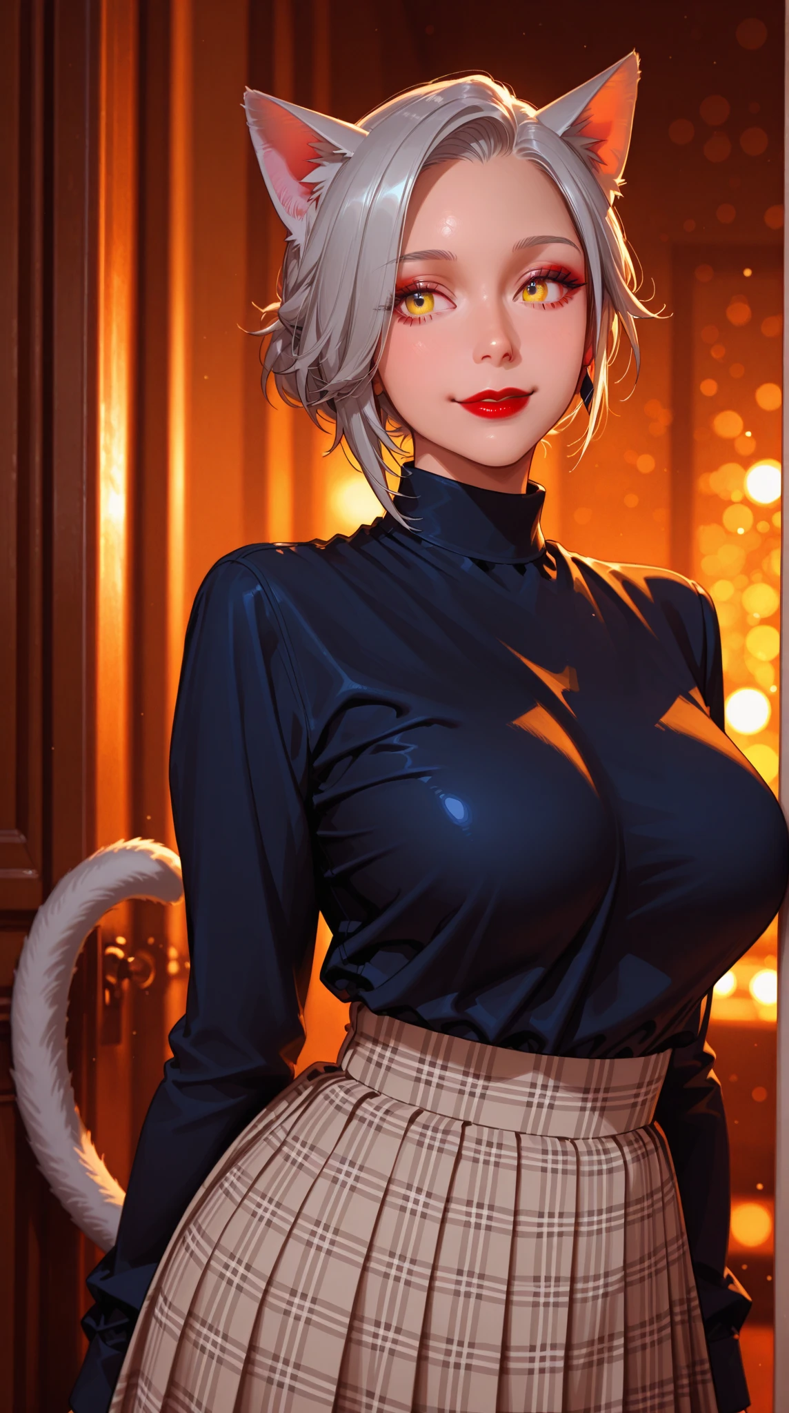 neferpitou, neferpitou, short hair, (red eyes:1.5), animal ears, hair between eyes, tail, white hair, cat ears, cat tail, cat girl, curly hair, thick thighs, gigantic breasts, thin waist, high heels, evil smile, BREAK long sleeves, shorts, striped, buttons, brown shorts, shirt, collared shirt, blue shirt, BREAK looking at viewer, BREAK indoors, classroom, (cowboy shot:1.5), BREAK (masterpiece:1.2), best quality, high resolution, unity 8k wallpaper, (illustration:0.8), (beautiful detailed eyes:1.6), extremely detailed face, perfect lighting, extremely detailed CG, (perfect hands, perfect anatomy),