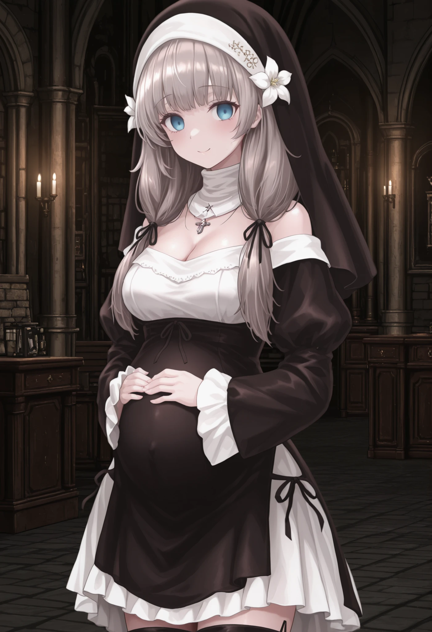 masterpiece, highres, absurdres, amazing quality, best quality, detailed background, 8k, uncensored, anime screencap, anime coloring, metal collar, messy hair, style - sinistar
1girl, solo, shiny skin, upper body, looking at viewer, smile, indoors, empty eyes, pregnant
black veil, hair flower, detached collar, necklace, detached sleeves, puffy sleeves, black sleeves, bare shoulders, frills, cleavage, black and white dress, black dress, short dress, black thigh boots
haanja, grey hair, low twin braids, blue eyes, medium breasts,