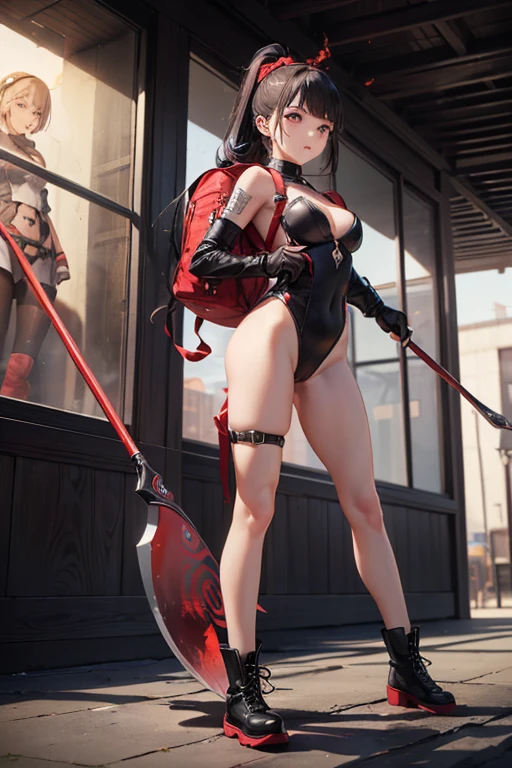 Highly detailed CG Unity 8k wallpaper, top quality, super detailed, masterpiece, realistic, photorealistic, very detailed cute girl, blush, round eyes, small breasts, back figure, strawberry print underwear, 8 heads, red hair, (indoor poolside), (wading), forehead
