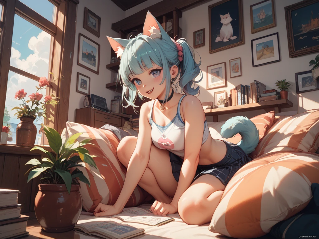 Sexy Posing, Female, 30 years old, cute, eyeliner, long hair, biting lip smile, tube top, jean shorts, bedroom eyes, catgirl, cat ears, living room background, 8k, hi res, (best quality, masterpiece), green eyes, long cat tail , lying down on couch, evil grin, light blue hair,