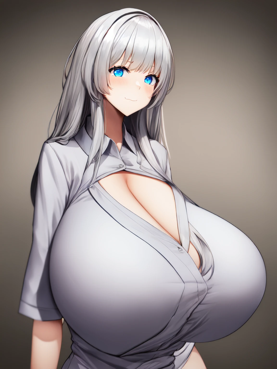 Anime girl with long white hair, blank whitet-shirt, blue jeans shorts, 18, gigantic breasts, vore