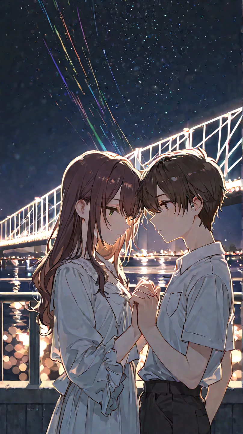 menino, black hair, Chelua, hair between the eyes, Cyan eyes, Confused, white tshirt, Medium build, the kiss, Kissing a girl with white porcelain skin, green colored eyes, Long brown hair, white shirt, black necktie, big breastes, tmasterpiece, hiquality, 8 k