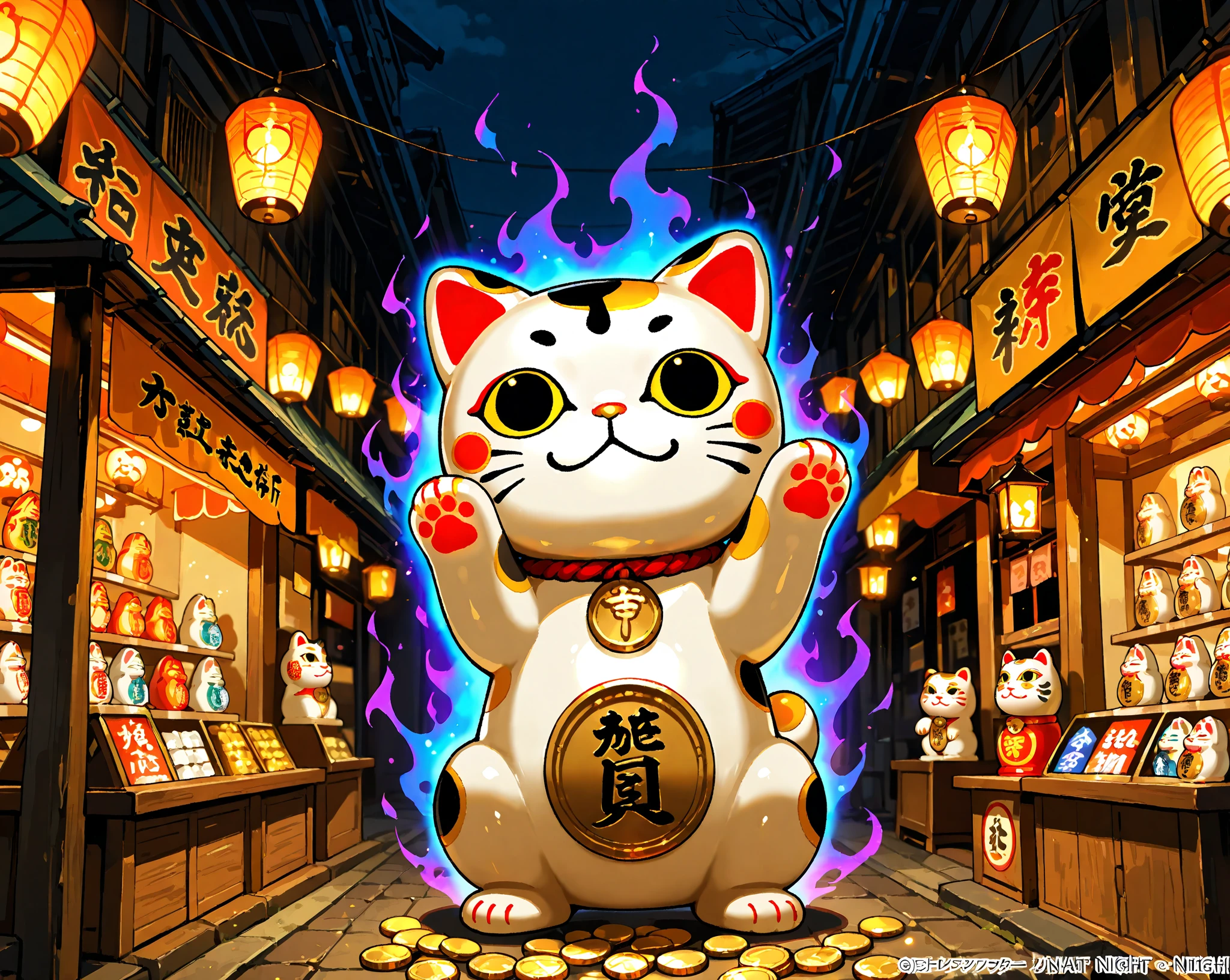 A bright and colorful waving lucky cat holding a pile of golden coins with glittering fireworks exploding in the background
