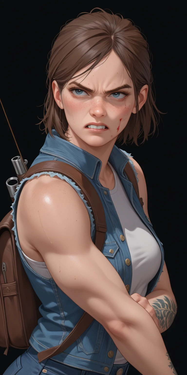 ((masterpiece, highest quality, Best image quality, High resolution, Realistic, RAW Photos, 8k)),(((watch))),(((Being drunk)), ((Very short denim miniskirt)), (((Brown leather belt))),((Red checked sleeveless shirt)), ((Exposed arms)),((Navel exposed)),((Exposing thighs)),(((Above the knee shot)))