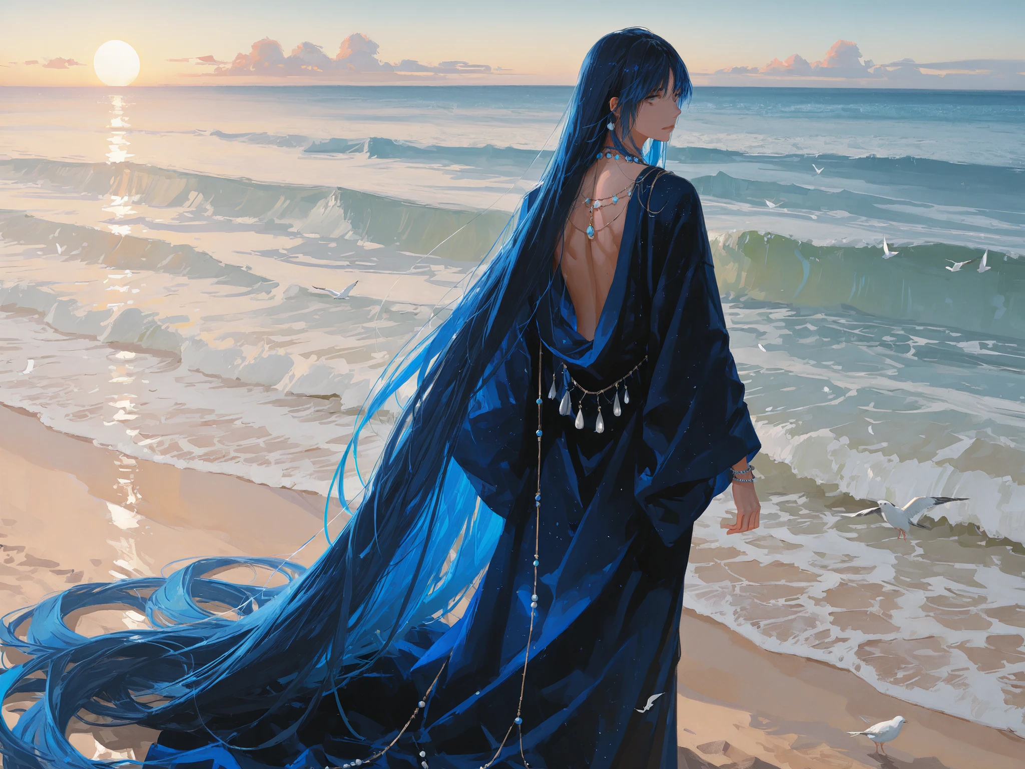 medium shot, back shot, makes an aesthetic, Master piece, Best Quality, ultra detailed, a handsome man, (man:1.6), solo, male (absurdly long:1.3) Hair, male silky straight hair, male glowing pearl-colored hair, male blue eyes, looking back, toned, male dark blue (long:1.3) robe, male dark blue long cloak, The hem of robe is soaking in the ocean water, 3 necklaces, 3 bracelet, beach, dipping water, walking into the sea, small white birds, morning, fantasy world,
