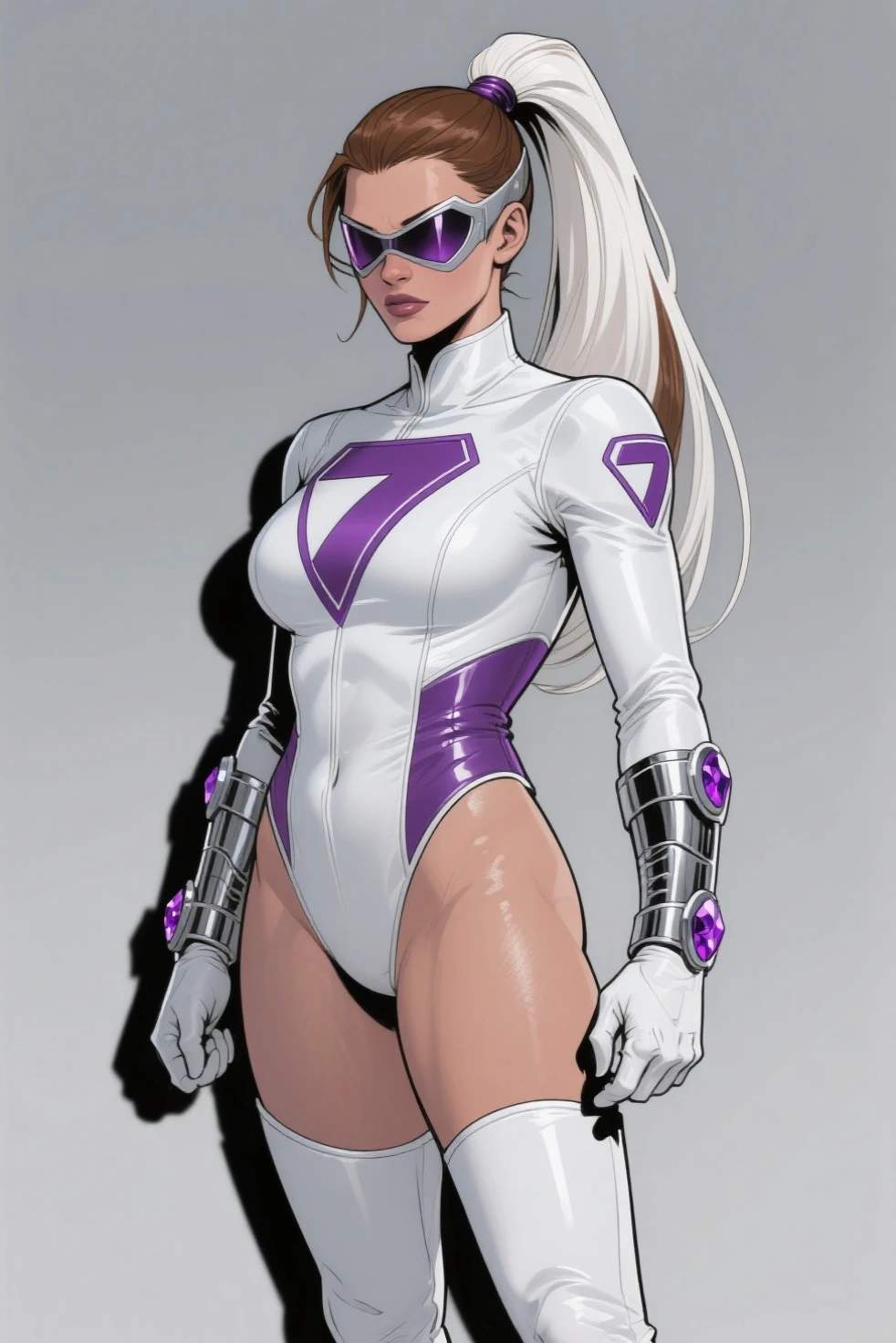 Sexy Hermaphrodite, Plump, pursed lips, freckles, Blonde with bangs.Crystal blue eyes with smoky eyeshadow and black eyeliner, Black semi-matt lipstick, Dark Skin, A frivolous, proud smile, ,Full body image、Background white、Thigh high boots with black pin heels