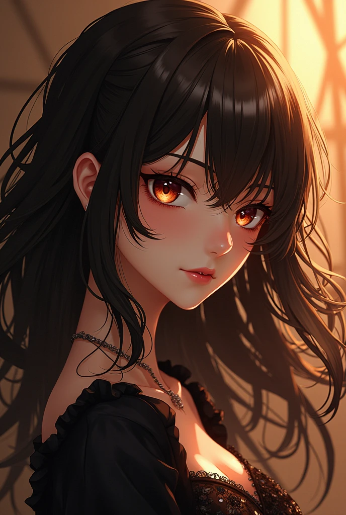Anime A Pale Woman, long wavy black hair, eyes yellow like fire, with a smile In an autumn