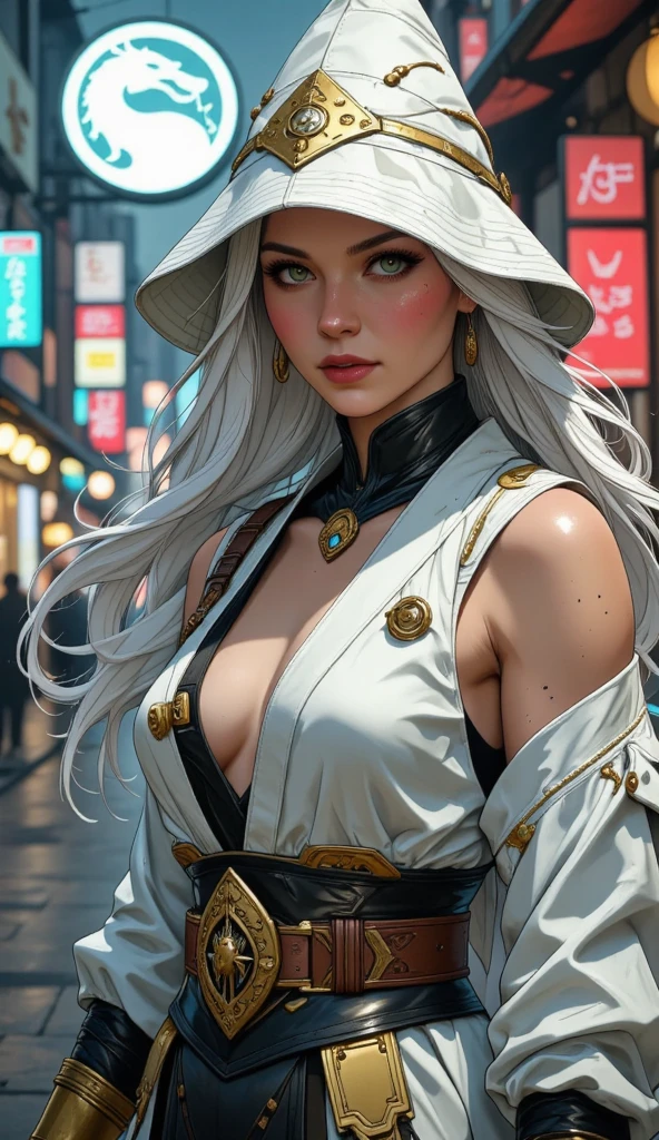a close up of a woman with a white hair and a black scarf, huge saggy breast, a character portrait by Yang J, pixiv contest winner, fantasy art, white haired deity, beautiful character painting, artwork in the style of guweiz, the piercing stare of yuki onna, guweiz, with white long hair, with long white hair, flowing hair and long robes