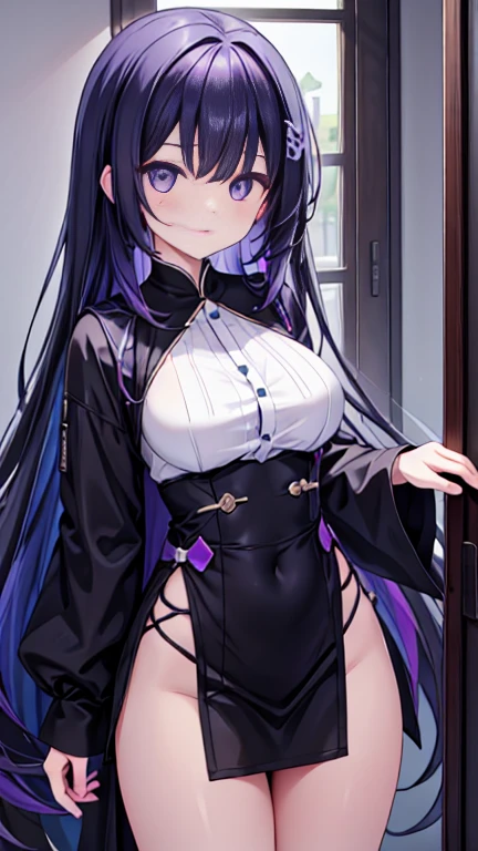 An adult woman, half wolf and dragon, black hair, black wolf ears, black dragon tail, blue eyes, has a collar with a little golden heart, very shy, wide breasts, black and purple dress