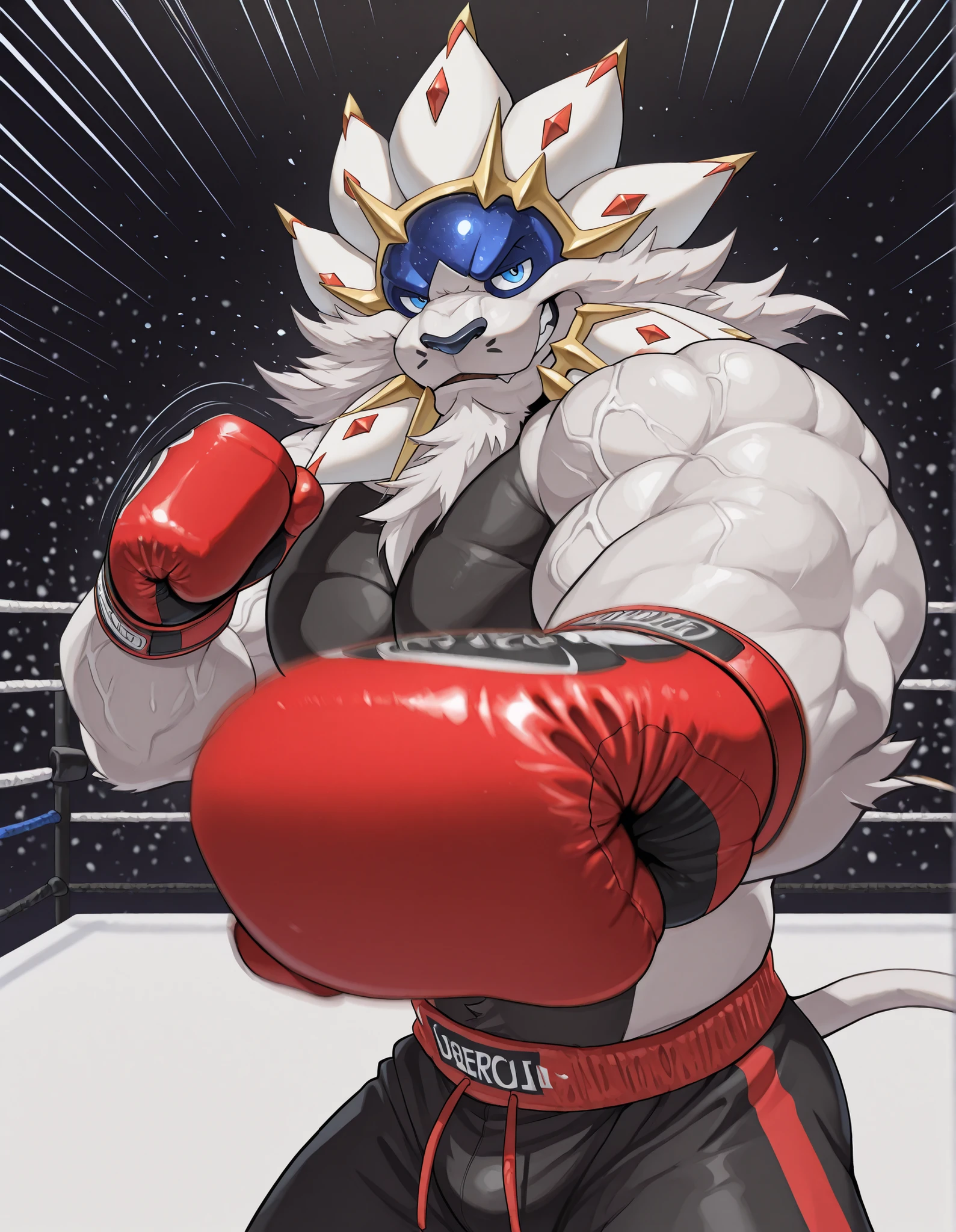 high quality, b0xingp0v, mercilessly punching_the_viewer, foreshortening, motion blur, red boxing gloves, black boxing shorts, depth of field, extreme perspective, extreme closeup, closeup, action shot, boxing, dynamic punching pose, motion lines, impact lines, mercilessly punching the viewer, cropped head, boxing ring background, braker Solgaleo heavy wait boxing champion, furry male, heavy muscular, veiny muscles, black chest and abs, looking at viewer, ruthless smile, bedroom eyes, smug, bara, large pectorals, lowangleview-3000