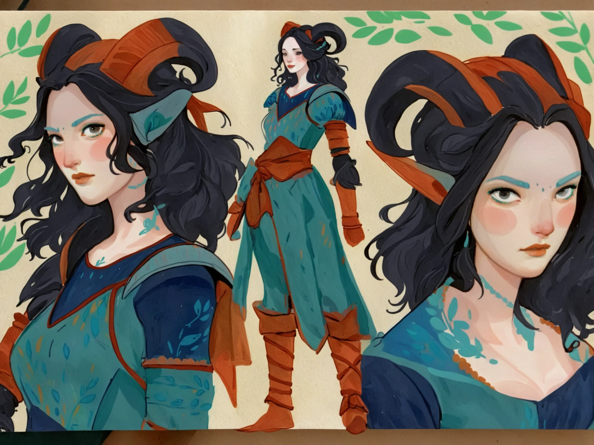 1girl, black hair, fair pale skin, expressive face, black eyes, long_hair, wearing a vibrant long peasant medieval dress, detailed clothing, sketches, detailed thick gouache painting, illustration, in gougoupaintleaves style:1.5, novuschroma04 style