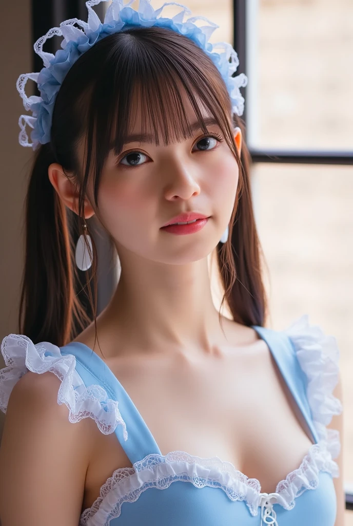 (((masterpiece))), (((Highest quality: 1.4))), ((Super detailed: 1.4)) ,Asian woman in a blue dress poses for a photo, Gorgeous maid, Japanese maid cafe, Cyan Corset, Bright blue shiny lingerie, Young and cute gravure idol, Blue corset, Realistic Young Gravure Idol, Young Gravure Idol, Maid clothes, beauty lingerie, Young Sensual Gravure Idol, Outfit with blue accents, Maid clothesを着て, Full Body Shot、