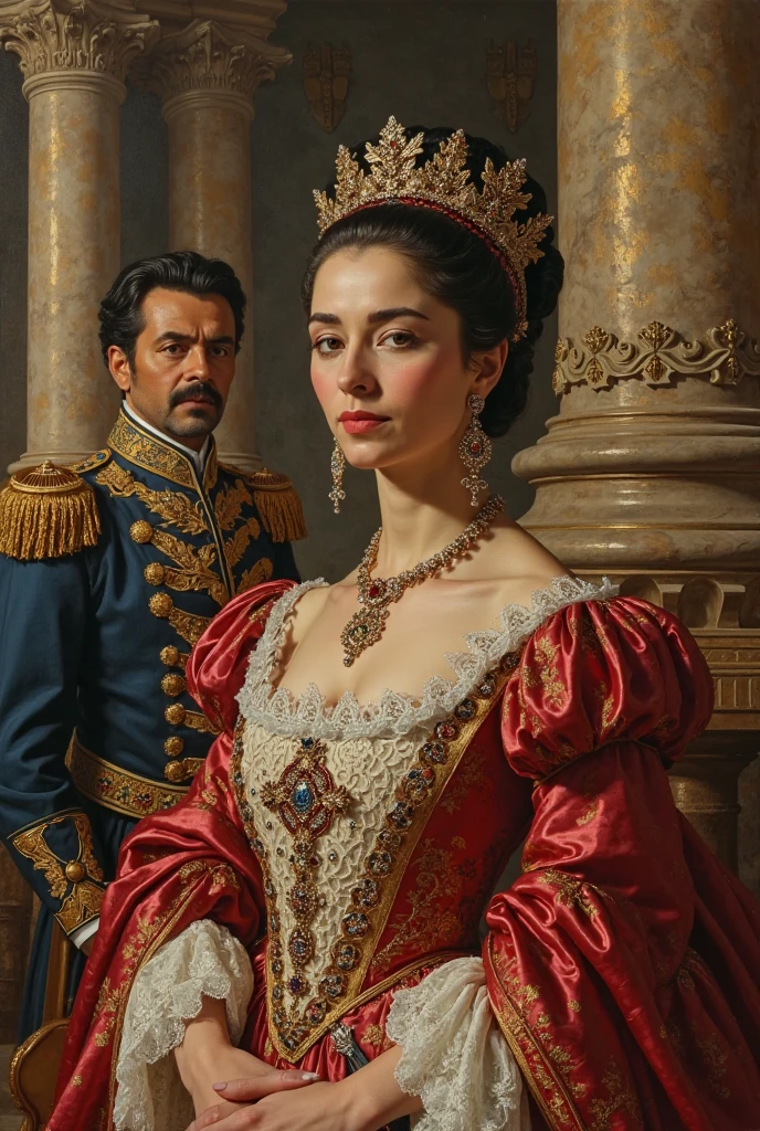 image of an elegant hussar with a kiver on his head and in a ceremonial uniform, next to him stands a beautiful lady in a silk dress with a deep neckline and a pink hat with a feather, masterpiece, best quality, (extremely detailed CG unity 8k wallpaper), (best quality), (best illustration), (best shadow), absurd, realistic lighting, (Abyss), beautiful detailed glow, art by Frédéric Soulacroix, by Peter Mohr Bacher,