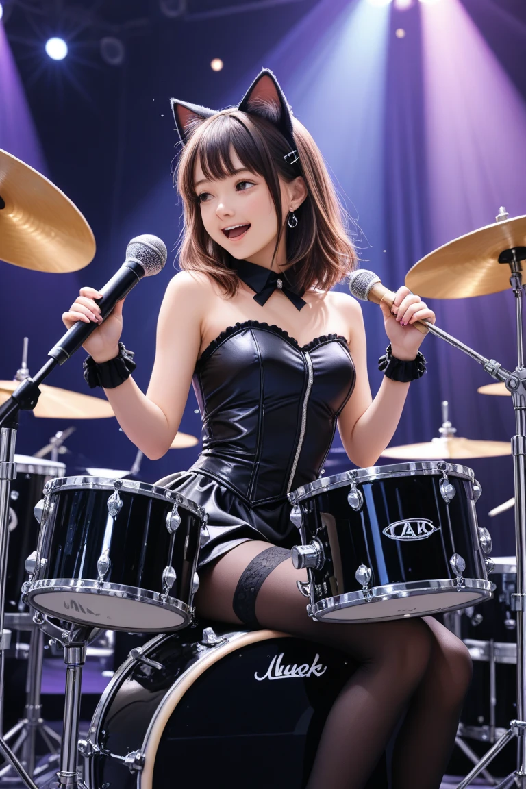 1woman, idol, ahoge, purple hair, school swimsuit、live house、20-year-old、drummer、Playing the drums、Swimwear