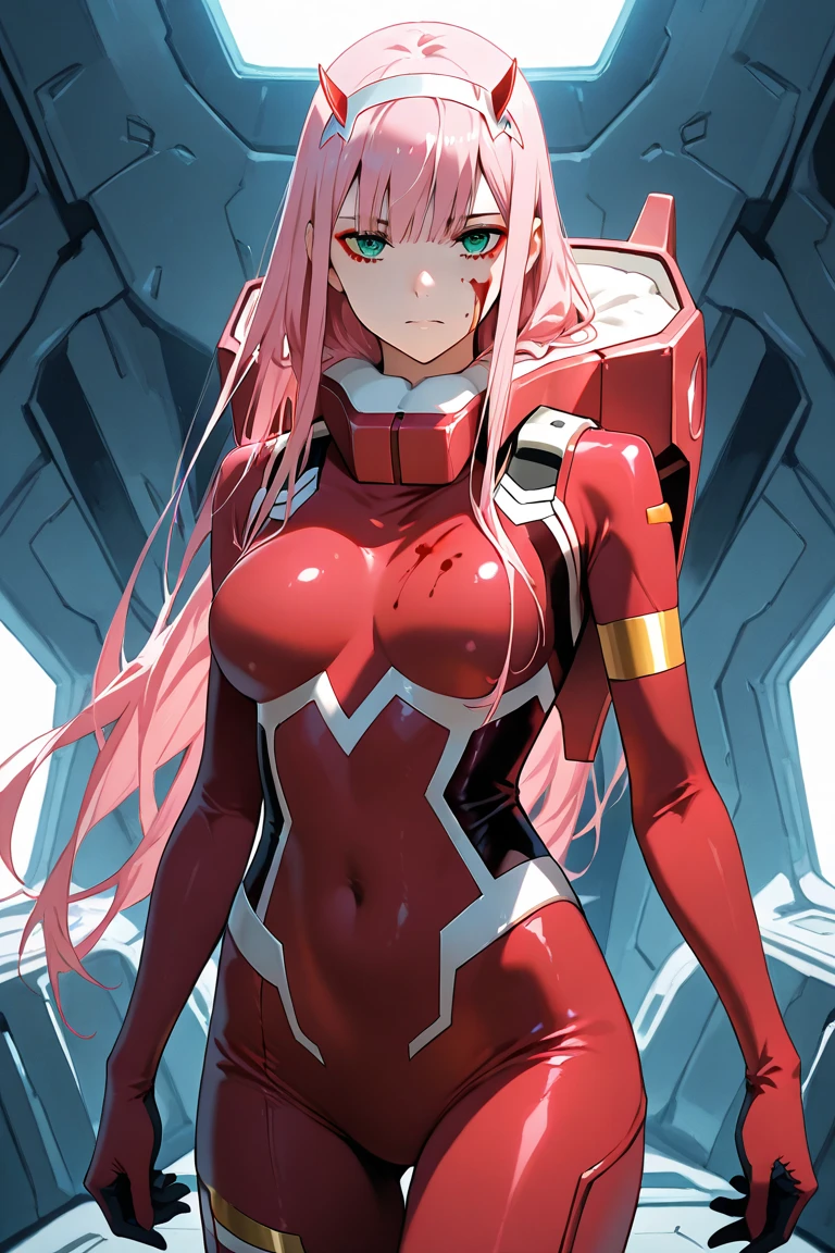 zerotwo,zero two,(green eyes:1.5),hairband,horns,long hair,pink hair,red horns,white hairband BREAK bodysuit,covered navel,pilot suit,red bodysuit,science fiction BREAK outdoors,space,night,sky,star \(sky\) BREAK looking at viewer,(cowboy shot:1.5) BREAK (masterpiece:1.2),best quality,high resolution,unity 8k wallpaper,(illustration:0.8),(beautiful detailed eyes:1.6),extremely detailed face,perfect lighting,extremely detailed CG,(perfect hands, perfect anatomy),<lora:zerotwo-lora-nochekaiser:1>,