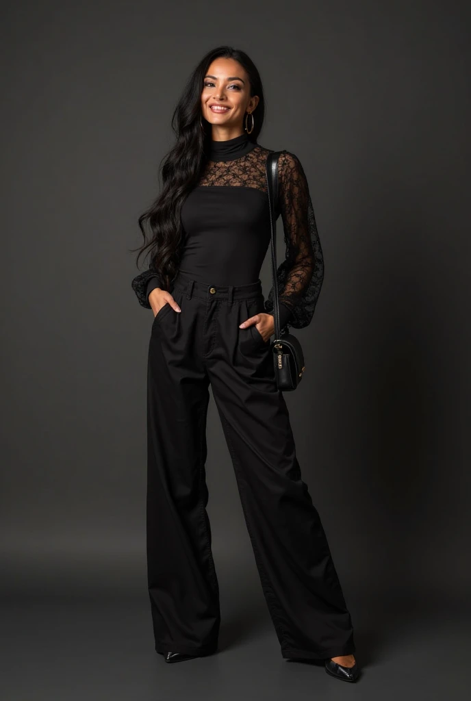 "Create an elegant and artistic full-body portrait of a confident, curvy woman in a stylish, fashion-forward outfit. She should be striking a graceful pose that highlights her figure while exuding confidence and sophistication. The background should be a soft, complementary color that enhances the overall beauty of the image, focusing on grace and poise."