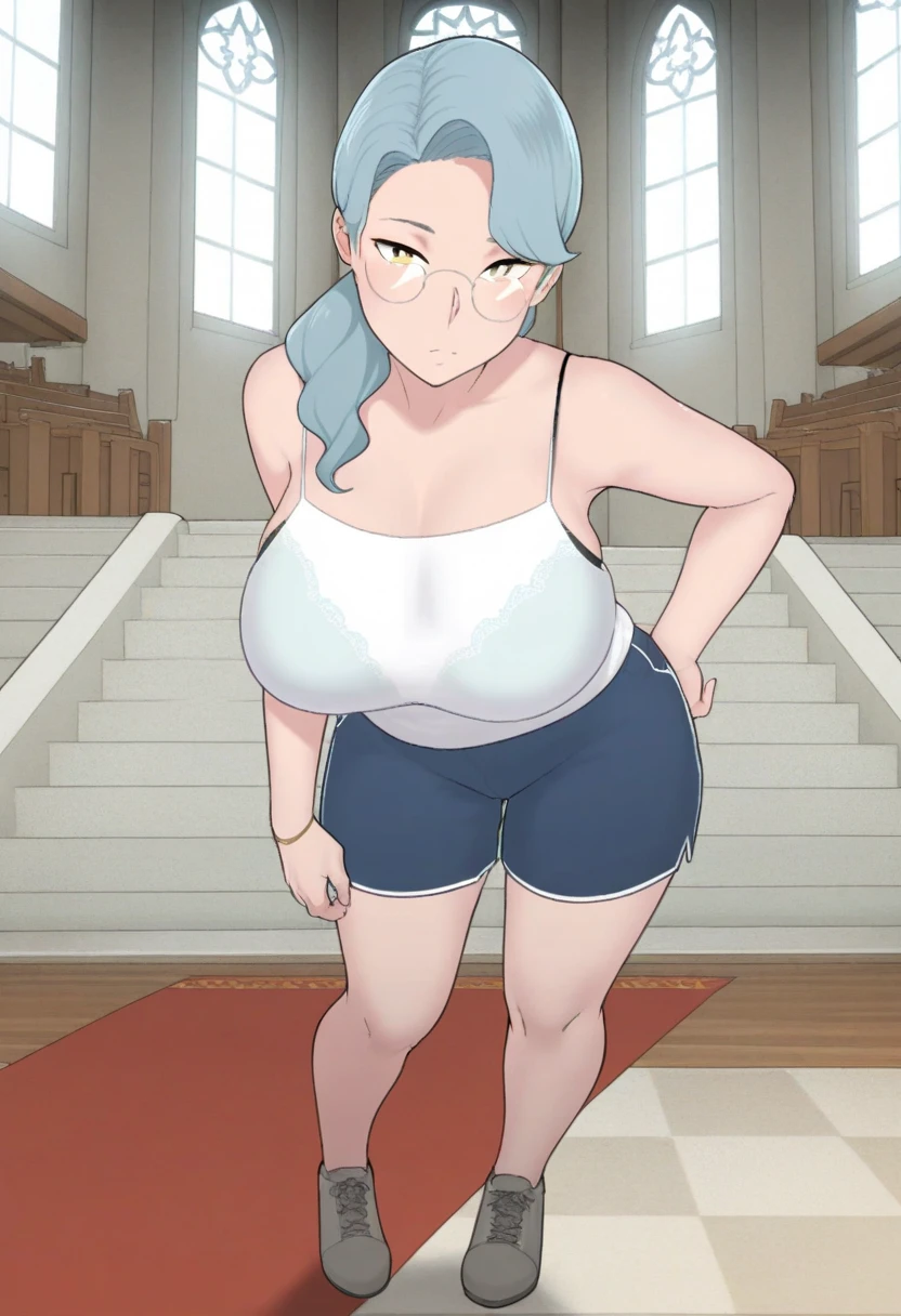 (Very high quality, detailed) A full body image of a pregnant girl wearing a sports bra, very thight shorts and glasses, she's standing barefoot and has very ???????????, long hair and a pretty thick body
