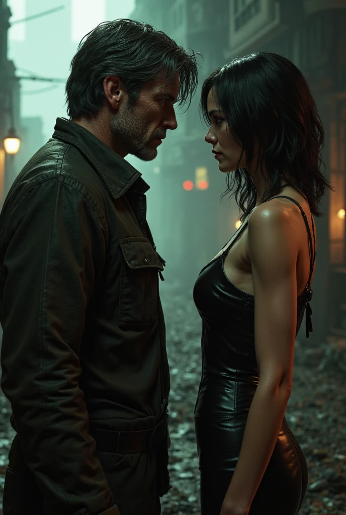 Leon,hair to the eye ,with a gun raised,ashley graham.