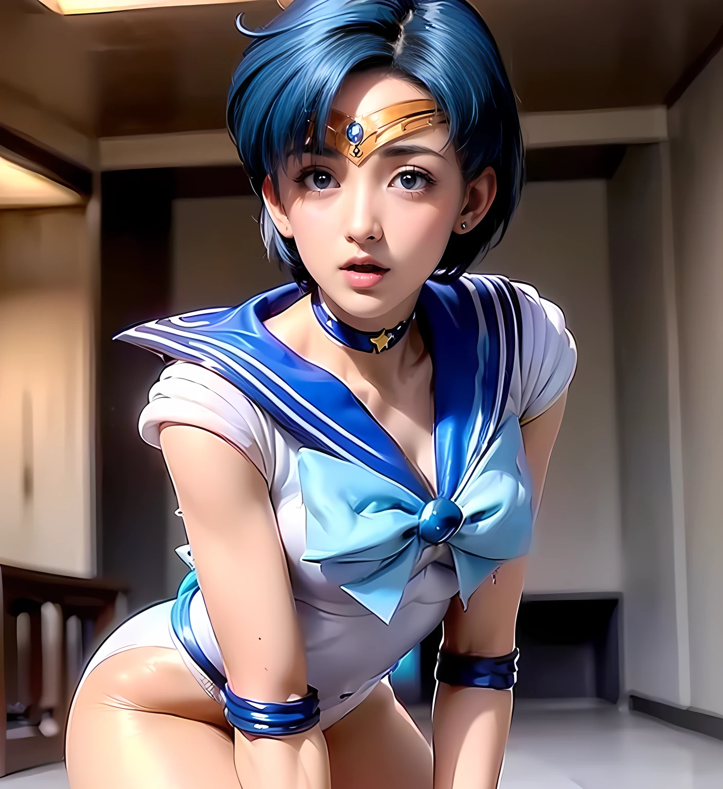 EPsm Sailor Mercury, Blue Hair, blue eyes, Circlet, choker, Earrings, Blue Sailor Warrior Uniform, White elbow gloves, Yellow ribbon, Blue Skirt, blue long ブーツ, View your viewers, Severe, Grin, 、Orgasm Face、closed eye、Blushing cheeks、Arched back、(vaginal pennis:1.2)、(male people:1.3)、heterosexuality、(lying back on:1.6)、(Open leg women:1.4)、(Intense sex:1.7)、(cum shots:1.2)、nsfw、pov、, city, Soft lighting, high quality, masterpiece, smile, Embarrassing, blush