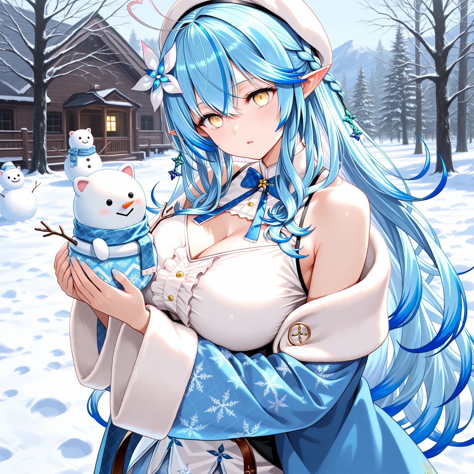 Anna with big breasts in a micro bikini in an ice castle in the snow