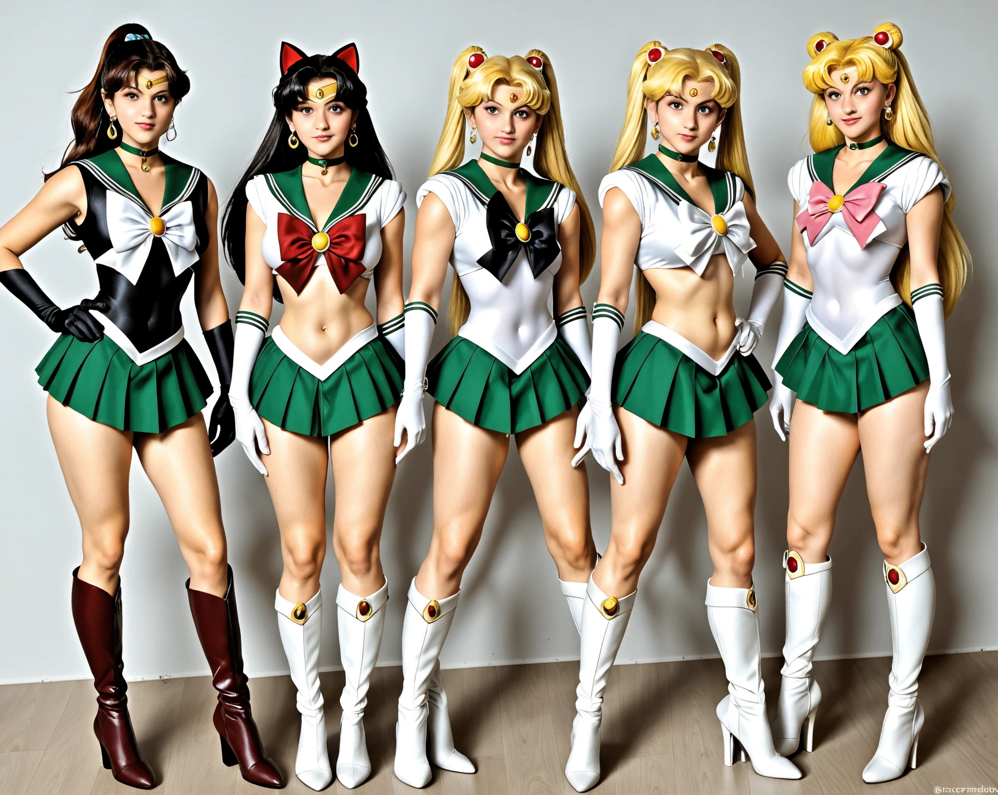 ((((Sailor Moon)))), ((Sailor Mars)), ((sailorvenus)), ((Sailor Mercury)), ((the sailor jupiter)), Gentle and pretty face, (Laughing), ((Consecutive girls)), ((4 girls side by side)), (Twin-tailed hair), ((a sailor suit, bikini bottoms, large red ribbon on the chest)), (full-length portrait), (Female Bodybuilders), Navel, ((very muscular body)), (bare-legged), Reallife Human, (((Blonde hair))), High School Girls, ((Girl Under the Waterfall)), ((soaked body)), ((hold fists))