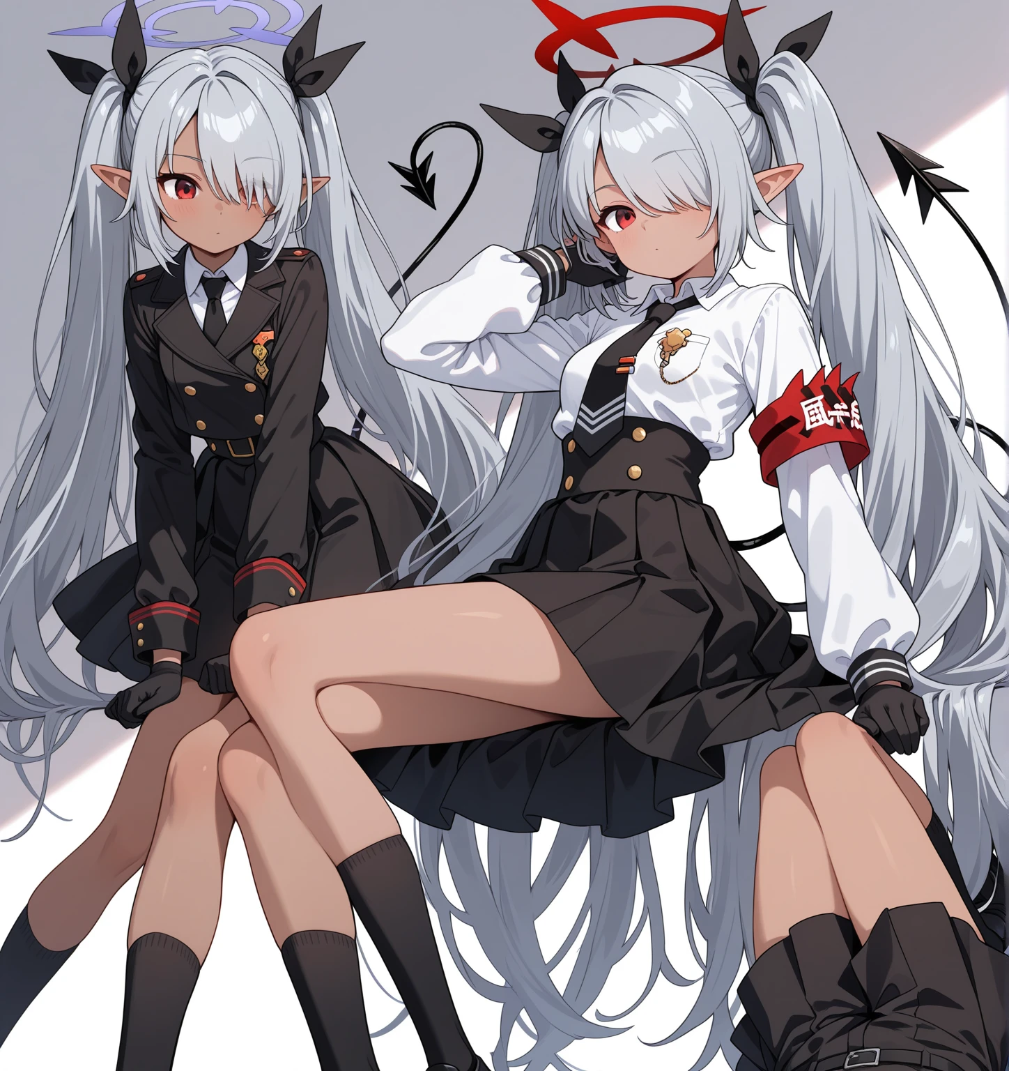 A 18-year-old boy, white and tender skin, cute, wearing white long-sleeved shirt, black jacket and black work tie, black trousers, black booties, white gloves, collar, white hair,wear cat ears, black eyes, thin waist, thin legs, handsome, disdainful and indifferent expression, shy, blush a lot, afraid, sweating, tired, pornography, Pornographic action,Being sexually assaulted,nsfw