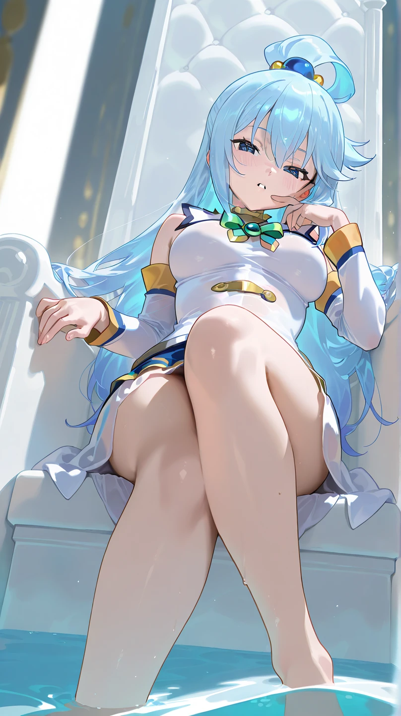 Masterpiece, Best Quality, realist, (1 girl: 1.3), gold blue white clothes, long hair shawl, hop, jump, dance, white gold green clothes, long skirt, long scarf, fluent, light armor, Snow white skin, bare shoulders, whole body, (from below:1.5), Martial Arts, dynamic, llamas, particles