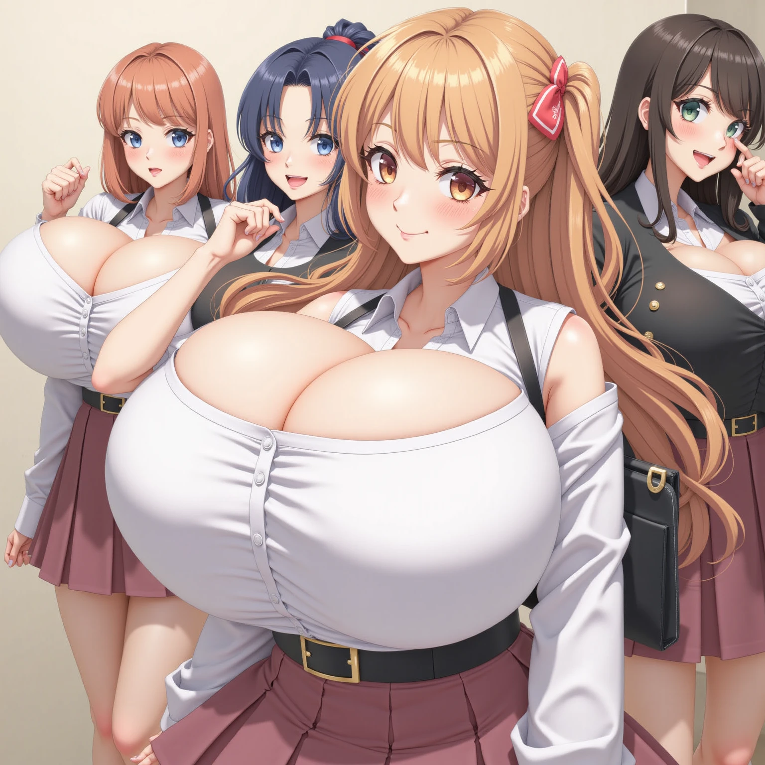 Texture CG, ((Ultra Detail Art)), ((​master piece)), (extremely details CG),Multiple girls,3girls,harem , school gals ,school gyaru ,(((school unifrom))),skirt ,(((pleated mini skirt))), white shirt, school bag, bag , beautiful legs, wind lift, panty shot, show off panties, clothes pull, ((string panties),(white sexy panties)),long hair, blonde hair, brown hair, pink hair, silver hair, Curve, Beautiful detailed eyes , gleaming skin, bracelet, ,hair ornament, hairclip, jewelry, open mouth ,light smile, embarrassed:1.4,