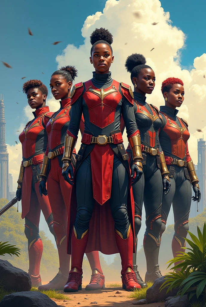 photorealistic, an African American group of women, superhero group, beautiful, spandex tights, sexy, cute pose for the camera, (Best quality, 8k, 32k, Masterpiece, UHD), 32K wallpaper, sport stadium background, super hero costume, cape, big ass, voluptuous, and thick body figure, showing excitement, joyful, flying in sky, floating in air, Avengers costume