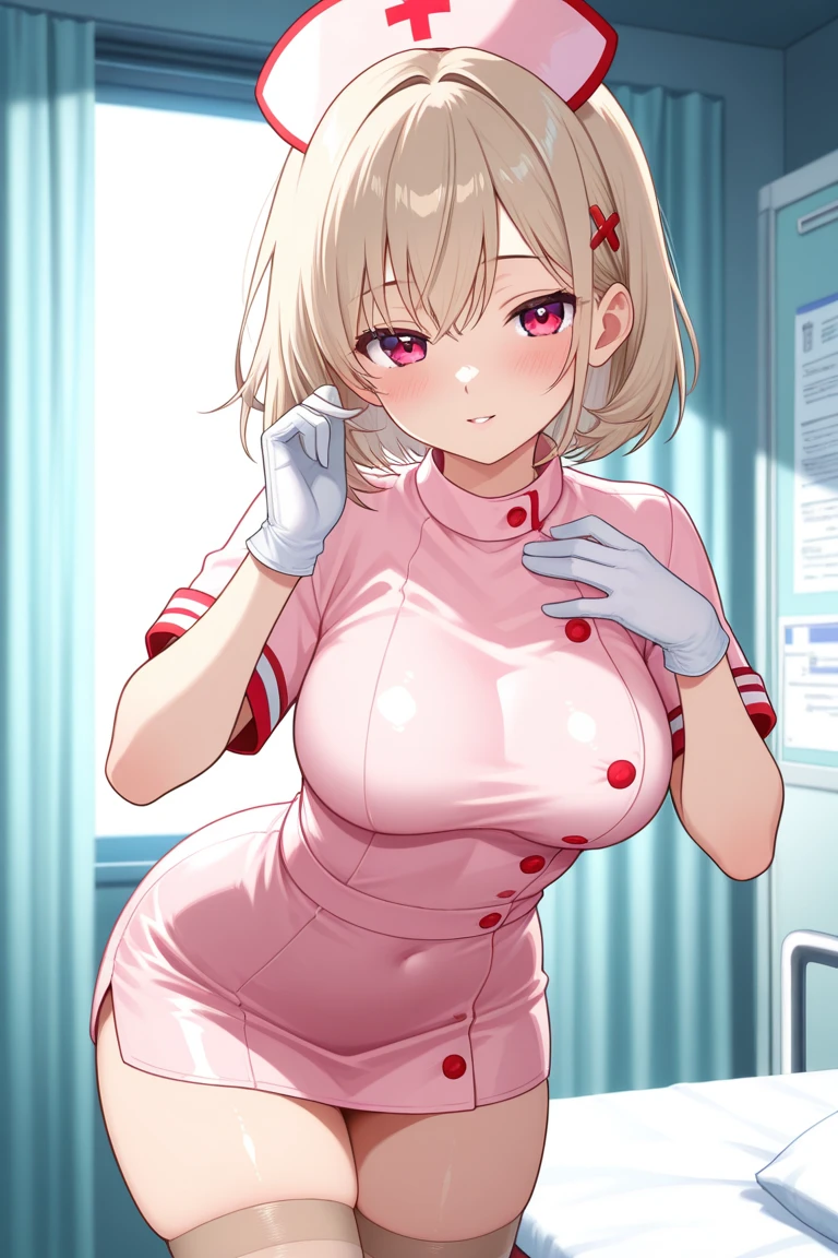 1woman, solo, nurse, white nurse cap, white nurse uniform, ((white legwear, zettai ryouiki)), white gloves, blonde hair, blue eyes, pink lips, smile, standing, ((hospital room)), sharp outline, short sleeves, mature female, 35 years old, best quality, masterpiece