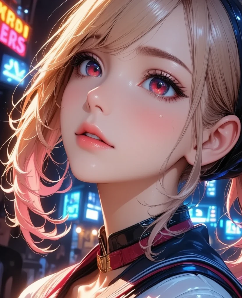 (high quality, 8k, 4K, High Contrast, masterpiece:1.2, 最high quality, Best aesthetics), 1 female, (Realistic skin texture:1.3),Optimal,masterpiece,High resolution,最high quality,Hyper HD,Super Detail,Awards,16K,solo,((Upper body)),((Broke Tomical Correct,Beautiful Cyberpunk Girl,Cute Face,,Gradient Beige Hair,Hairline,((Dark golden eyes)),Long eyelashes,Drooping eye corners,Fair skin,(Small breasts),(slim),((Women's Extra Short Shawl Leather Jacket)),((goth style,racer_Bitch Suit)),(()),Earrings,(Neck strap),(Laser material clothing:1.2), rtrophto1,